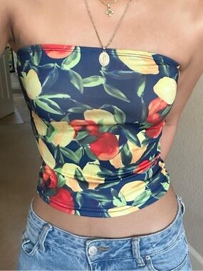SHEIN Navy Strapless Tropical Fruit Print Tube Top